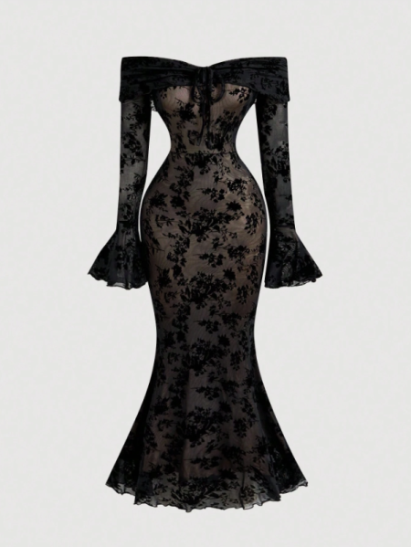 SHEIN MOD فستان ضيق ذو كتف مكشوف بأكمام طويلة وعقدة على الأمام للنساء <br> <span class='text-color-warm'>سيتوفر قريباً</span>